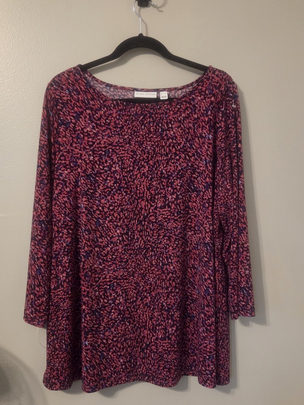 Susan Graver Women's Pink And Navy Abstract Confetti Stretchy Blouse Top Sz XL